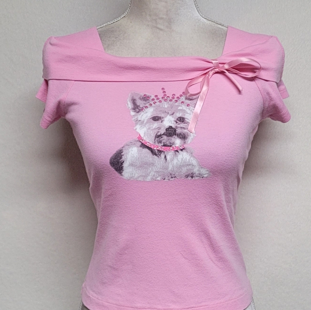 L.A. Movers Pink Rhinestone Yorkie Cowl Shoulder Cap Sleeve Cropped Babydoll Tee - Picture 2 of 12